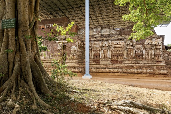 View of ancient ruins under a modern canopy with trees in the foreground, The temples of Polonnaruwa in Sri Lanka
