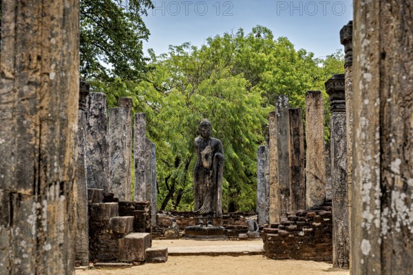 Stone statue surrounded by trees amid ancient ruins and stone pillars, The Temples of Polonnaruwa in Sri Lanka