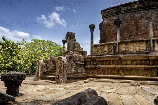 Ancient ruins with richly designed stone sculptures and open-air columns, The temples of Polonnaruwa in Sri Lanka