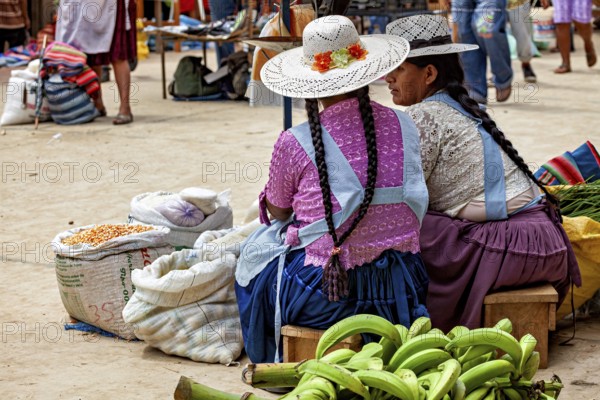 Two woman wearing hats and traditional dresses discuss their market status, The Rurrenabaque market in Bolivia
