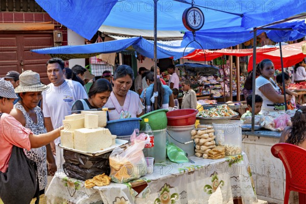 Market scene with people at a vegetable stand under colorful tent roofs, The Rurrenabaque market in Bolivia