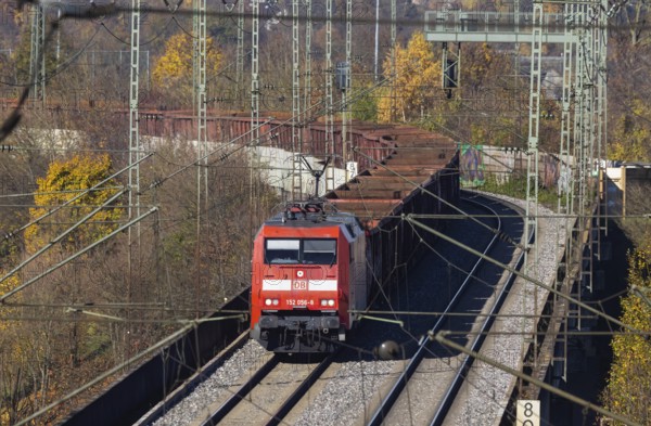 Freight train on the so-called Schusterbahn, a bypass of Stuttgart Central Station. Stuttgart, Baden-Württemberg, Germany