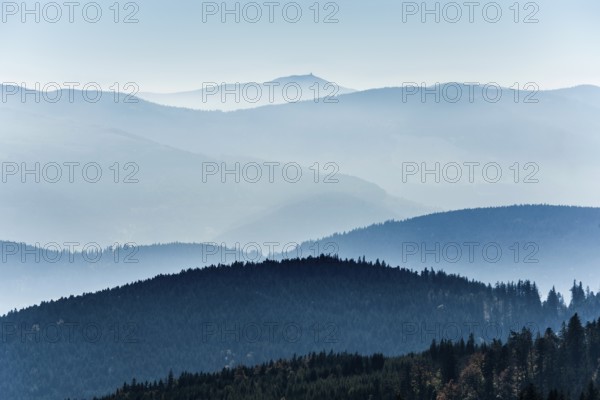 Staggered mountain ranges in haze, at Hohneck, Col de la Schlucht, Vosges, Alsace-Lorraine, Vosges Haut-Rhin Department, France