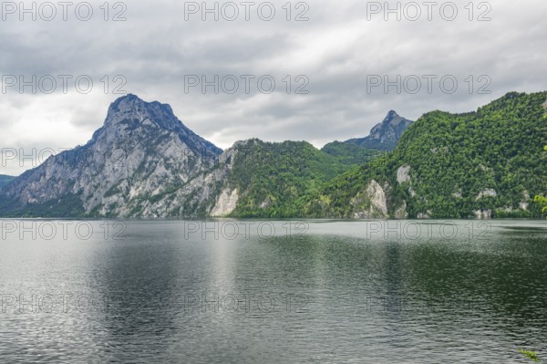 Landscape of Lake Traunsee on a rainy day in spring, Traunstein summit, Traunkirchen, Salzkammergut, Austria