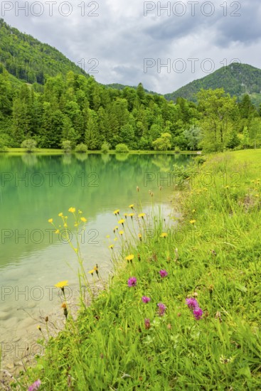 Landscape of Lake Elisabethsee on a rainy day in spring, Austria