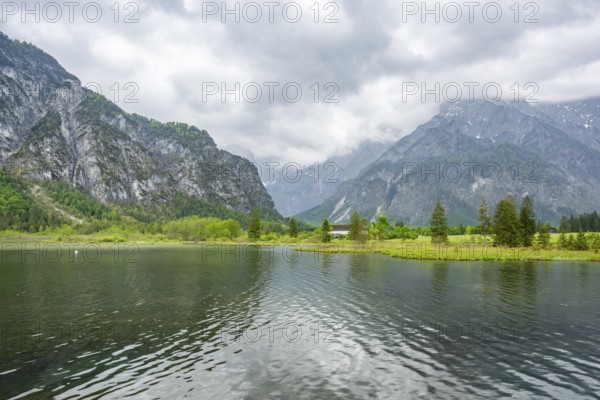 Landscape of Lake Almsee on a rainy day in spring, Salzkammergut, Austria