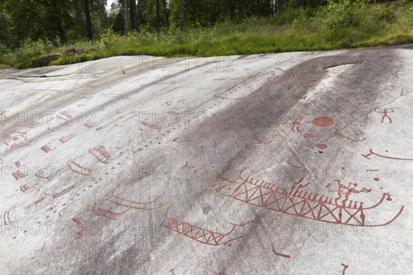 Historic rock carvings of Tanum, here at the Vitlycke site, figurative depiction from the Bronze Age, UNESCO World Heritage Site, Tanum, Västra Götalands län, Sweden