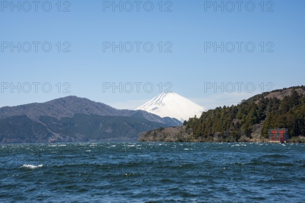 View of Lake Ashi with Mount Fuji volcano and peace torii from Hakone Shrine, Hakone, Japan