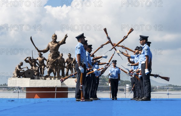 Indian Air Force personnel performs a bayonet drill demonstration on the bank of Brahmaputra river, during rehearsals ahead of the air show organised as part of the 93rd Air Force Day celebrations, on November 5, 2025 in Guwahati, India