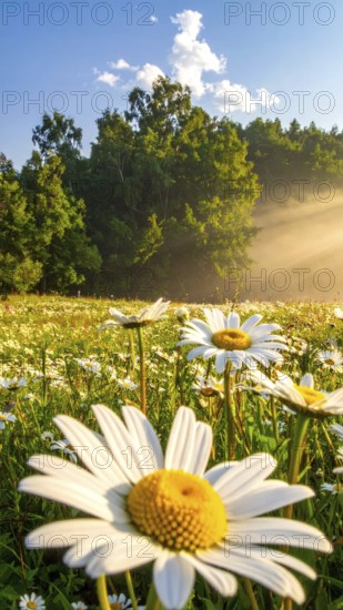A sunlit meadow with daisies against a forest backdrop under a blue sky, Late summer country landscape with daisies meadow and sunbeams, forest in blurred background, hilly landscape in sunrise or sunset, tranquil nature template or poster for beauty of nature, AI generated