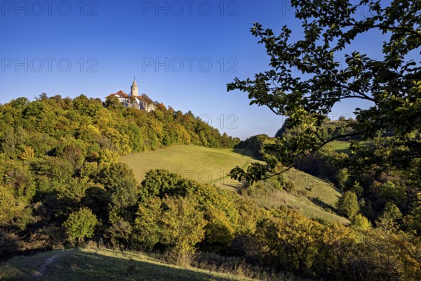 A castle on a wooded hill with a vast meadow and clear sky, The Leuchtenburg near Kahla im Saale Holzlandkreis in Thuringia