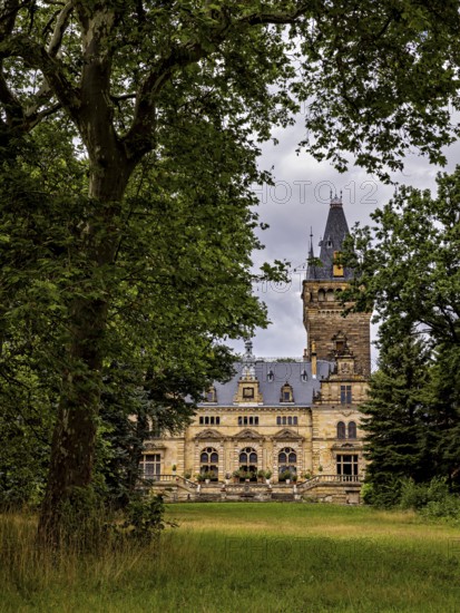 A castle with a high tower, nestled in thick trees, under cloudy skies, The Hummelshain hunting lodge in Thuringia