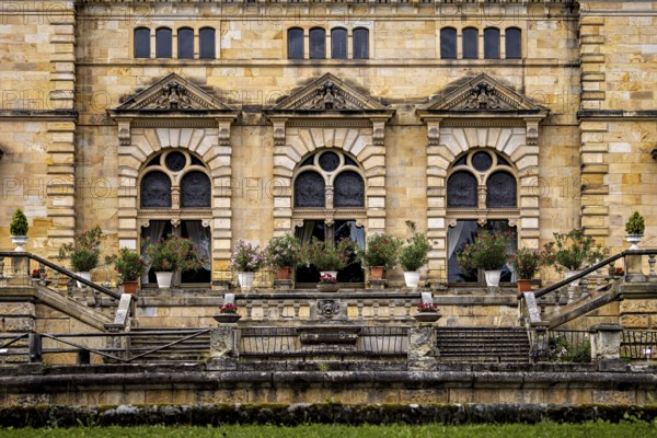 Detailed design of castle windows with decorative flowers, The Hummelshain hunting lodge in Thuringia