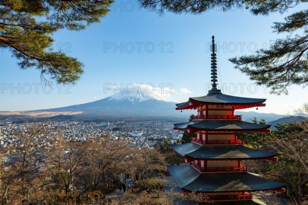 Five-story pagoda of a Shinto Shrine, Chureito Pagoda, with views of Fujiyoshida City and Mount Fuji Volcano, Arakura Fuji Sengen Shrine, Arakurayama Sengen Park, Yamanashi Prefecture, Japan