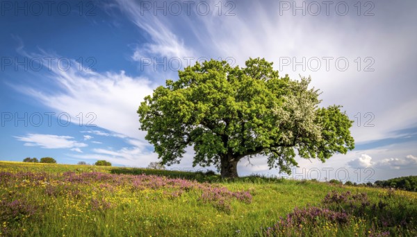 A serene landscape featuring a large tree by a stream at sunset with vibrant green grass and blooming flowers, spring landscape, the oak branch of nature, clear blue sky, idyllic atmosphere with green grass meadow, hills in the calm nature, AI generated