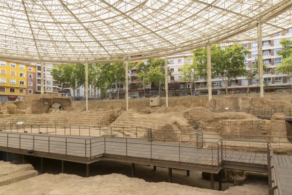 Covered ruins of Roman theatre amphitheatre, Zaragoza, Aragon, Spain