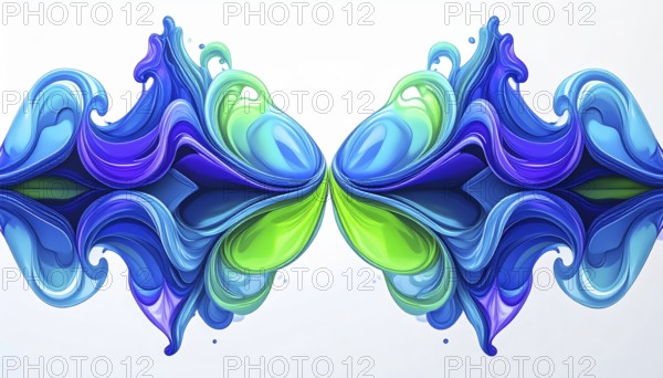 Symmetric Abstract Bright Liquid Ornament Background, futuristic wallpaper template illustration, vibrant blue and green neon hues, AI generated