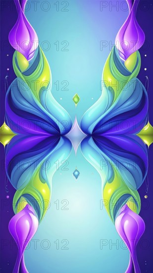 Symmetric Abstract Bright Liquid Ornament Background, futuristic wallpaper template illustration, vibrant blue and green neon hues, AI generated