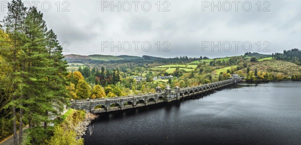 Llyn Brianne Dam and Reservoir from a drone, Lake Vyrnwy, Powys, Wales, England, United Kingdom