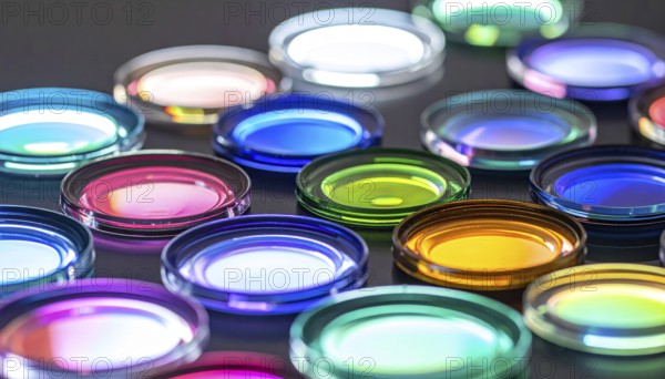 Abstract background of slightly unfocused multicolored glass lenses spinning and rotating, wallpaper illustration in vibrant neon colors, mandala background for business, textures and pattern, AI generated