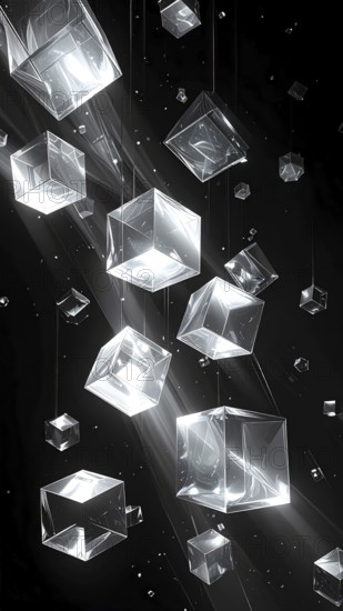 Abstract animation, glass cubes on black background, modern business wallpaper illustration, AI generated