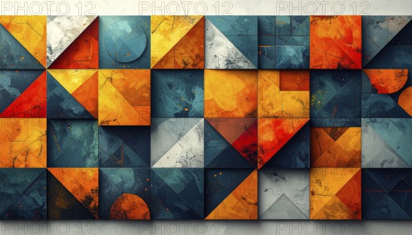 Abstract modern template, geometric effect stylized as mosaic tile, vibrant colorful business wallpaper illustration, pattern and textured geometric forms, wall art poster design, AI generated