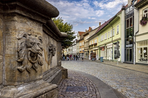 Urban street with lion head sculpture and historic architecture, animated by people, The old town of Arnstadt in Thuringia