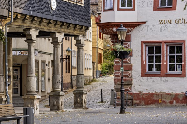 Historic old town with half-timbered houses, cobbled streets and autumnal atmosphere, the old town of Arnstadt in Thuringia