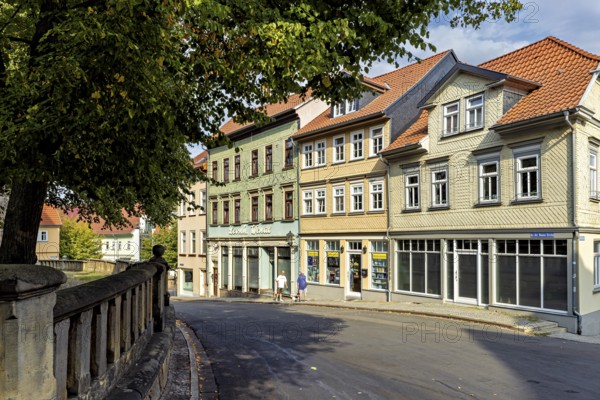 Street view with old buildings and trees in the city center in summer weather, The old town of Arnstadt in Thuringia