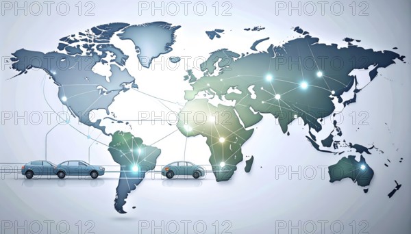 Abstract visualization of global rare earth supply network feeding EV industry, world map design, tech aesthetic, clean lines, rare earth for electric vehicles, AI generetaed, AI generated