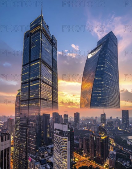 Collage of skyscrapers of a metropolitan city, various skylines with different blue sky in sunset, urban wallpaper illustration background, banner or template for real estate and travel themes, AI generated