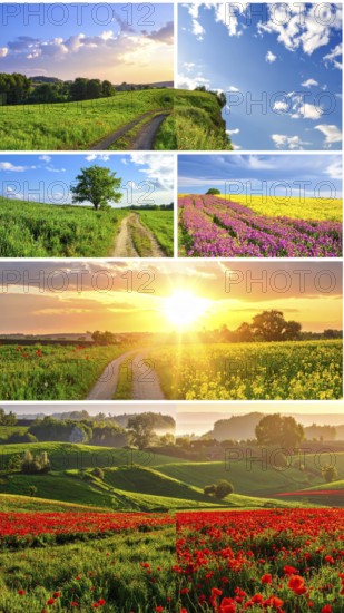 Collage of spring and summer landscapes, blooming flowers, green meadows and trees, hilly landscape with mountains, blue cloudy sky with sunrise or sunset, wallpaper illustration for banner or template background, AI generated