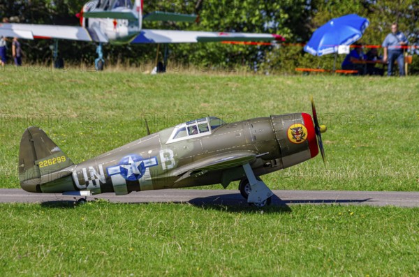 An RC model of a Republic P-47 Thunderbolt during a demonstration as part of an air show at the Fliegerbergfest of the Rossfeld Luftsportverein in Metzingen-Glems, Baden-Württemberg, Germany, for editorial use only