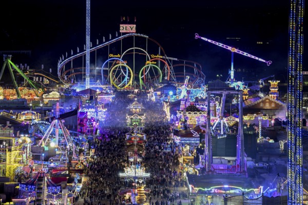 View of Oktoberfest from St. Paul's Catholic Church, Blue Hour, Munich, Bavaria, Germany