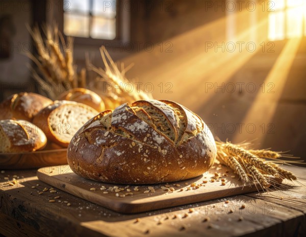 Rustic loaf of whole grain bread, fresh baked, close up of bread on dark wooden table, golden rust, soft lighting with blurred background, symbol for bakery and agriculture, healthy eating background, AI generated