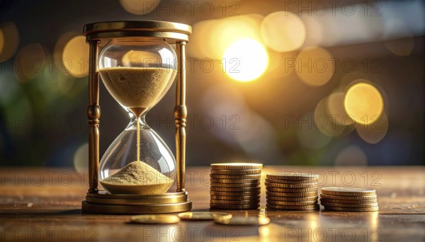 Hourglass and stacked golden coins, illustrating currency fluctuation and time impact commodities value, symbolizing fluctuating finance market changes, business setting, glass with sand on wooden table in the office, blurred background, wallpaper illustration, AI generated