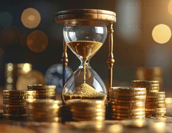 Hourglass and stacked golden coins, illustrating currency fluctuation and time impact commodities value, symbolizing fluctuating finance market changes, business setting, glass with sand on wooden table in the office, blurred background, wallpaper illustration, AI generated