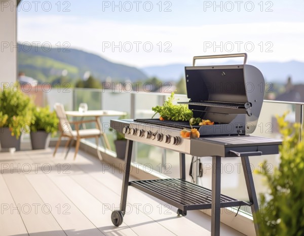 Cooking vegetables on grill on the balcony, healthy lifestyle, vegetarian barbeque, leisure time in summer, suburban setting with blurred background, soft golden light of evening, blue sky, AI generated