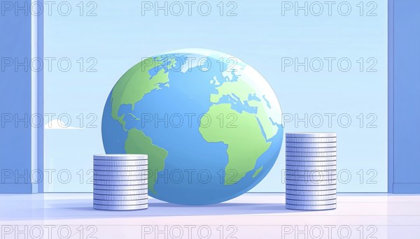 Green earth globe with silver coin stack symbolizing global finance economy and sustainable growth, abstract geometric vector illustration, wallpaper template background, AI generated