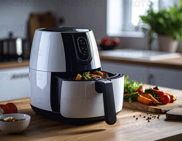 Air fryer with grilled vegetables, wooden table in the kitchen, healthy eating, healthy vegetarian lifestyle with fruits and vegetables, close up with blurred background, soft light, AI generated
