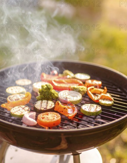 Cooking vegetables on grill outdoors, healthy lifestyle with healthy food, close up of grill with blurred background, soft golden light, picnic in the green park or garden, no people, AI generated
