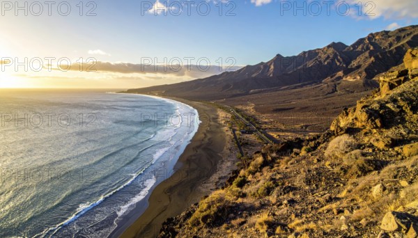 Desert landscape converges with ocean along a rugged coastal area, shore break at cliffs, blue cloudy sky at sunset, dry landscape in an aerial drone view, AI generated