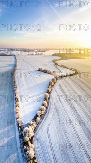 Bird Eye Perspective of Frost Covered Farmland. Seasonal Agricultural Scenery, winter and autumn scene, blue sky with golden light at sunrise, AI generated