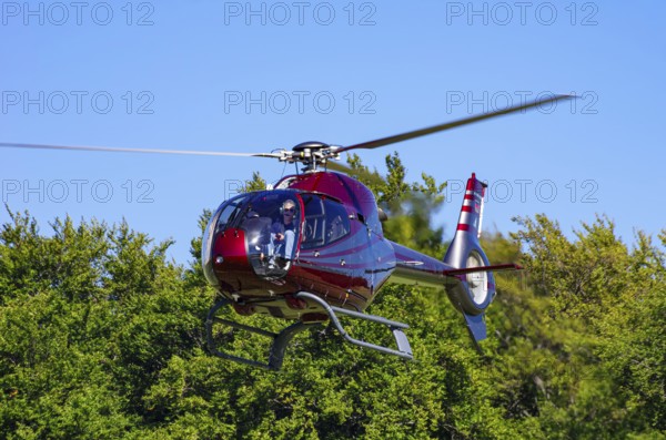 A Eurocopter EC 120B Colibri helicopter, D-HALX registration, during a flight demonstration as part of an air show on Rossfeld in Metzingen-Glems, Baden-Württemberg, Germany, for editorial use only