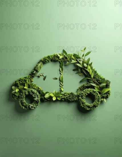 Car formed by green leaves and branches. Sustainable Car technology, ecology concept in harmony with nature, abstract wallpaper illustration, AI generated