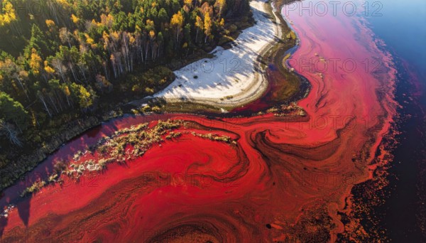 Red algae plant on the lake. abstract ecology nature concept, wild landscape with vibrant red colored water and green forest on a sunny day in summer, Aerial view, wilderness nature with no people around, AI generated