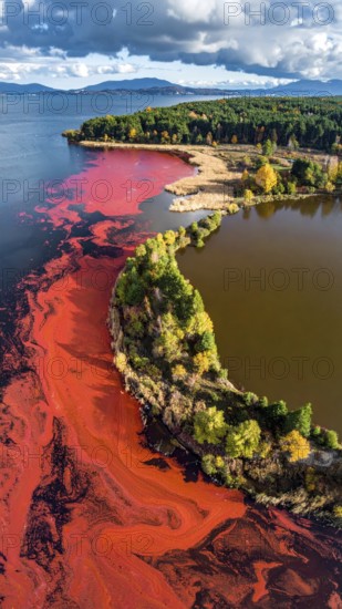 Red algae plant on the lake. abstract ecology nature concept, wild landscape with vibrant red colored water and green forest on a sunny day in summer, Aerial view, wilderness nature with no people around, AI generated