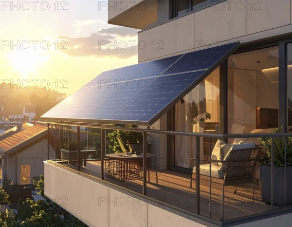 Sunlight Glinting Off Solar Panels on Contemporary Apartment Balcony, energy solution, concept of sustainable energy and environment protection, AI generated