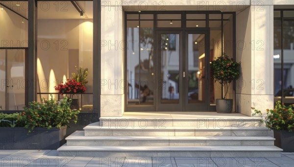 Modern building entrance with stairs, glass facade, and plants in warm evening light, empty storefront entrance with a gently stairs access, modern building with glass facade, blurred background, soft sunlight at evening, no people, AI generated