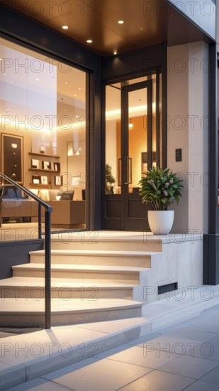 Modern building entrance with stairs, glass facade, and plants in warm evening light, empty storefront entrance with a gently stairs access, modern building with glass facade, blurred background, soft sunlight at evening, no people, AI generated